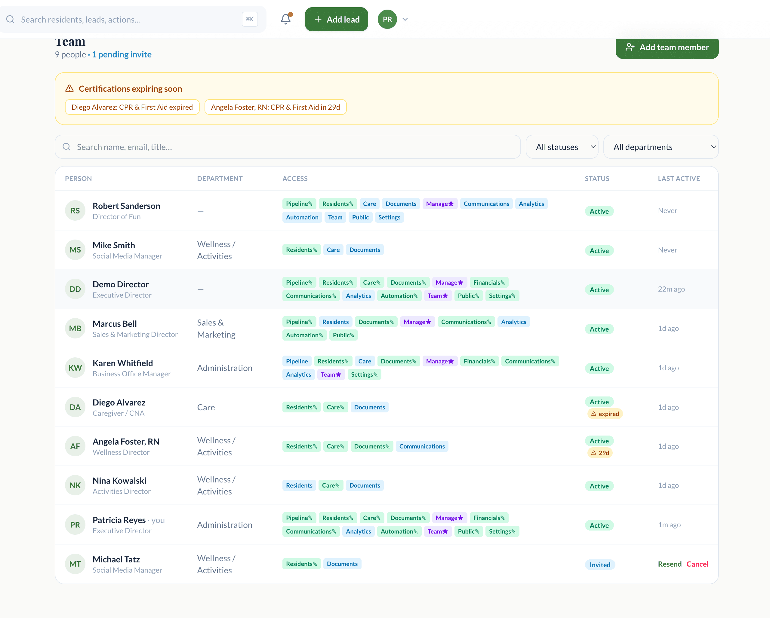 Team & Security in ThrivoIQ — Access built around how senior living orgs actually operate.